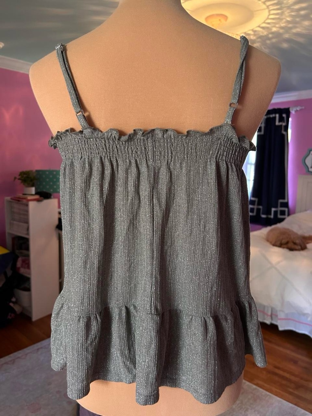 Metallic-Thread Smocked Strap top - Gray - Picture 3 of 10